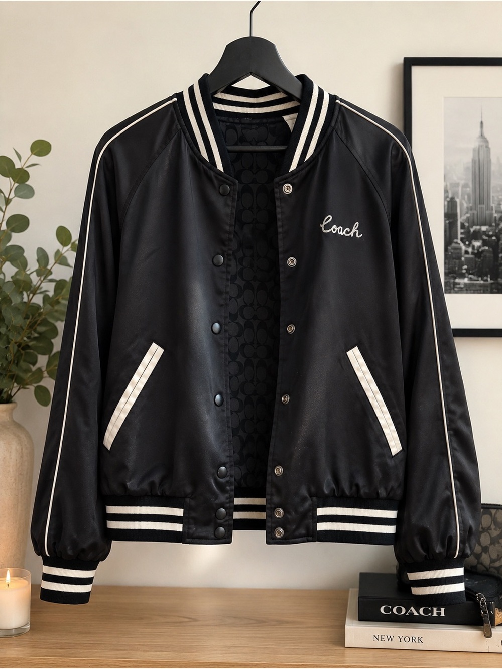 Coach Black Satin Bomber Jacket with White Trim